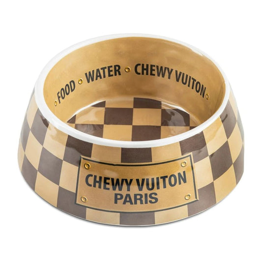 Checker Chewy Vuiton Bowl - Designer Dog Clothes