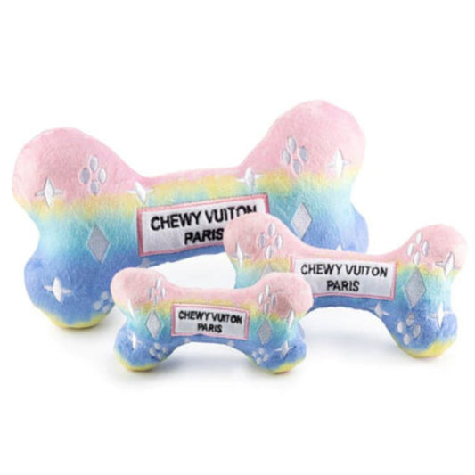 Chewy Vuiton Bone Dog Toy with Squeaker in Multi Pink Ombre - Designer Dog Clothes