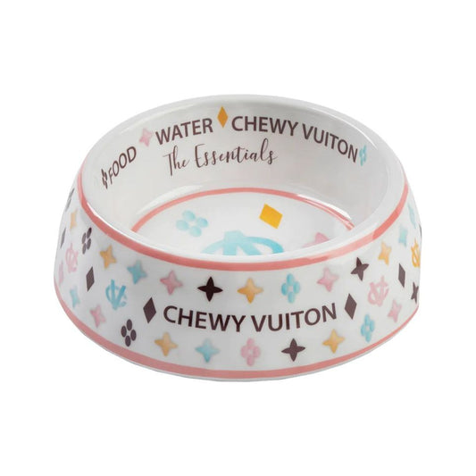 White Chewy Vuiton Bowl - Designer Dog Clothes